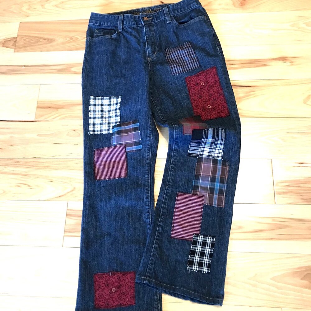 Plaid Flannel Patchwork Jeans, Upcycled Funky Pants Boho Hippie Grunge Size 8 - Picture 10 of 13